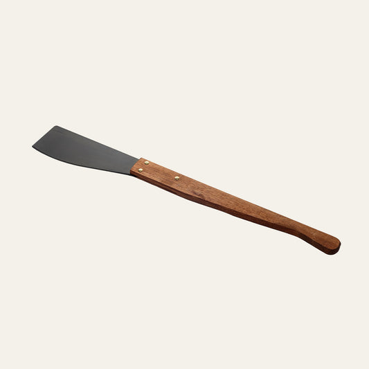 Full profile view Okapi Cane Knife with long wooden handle on a white background