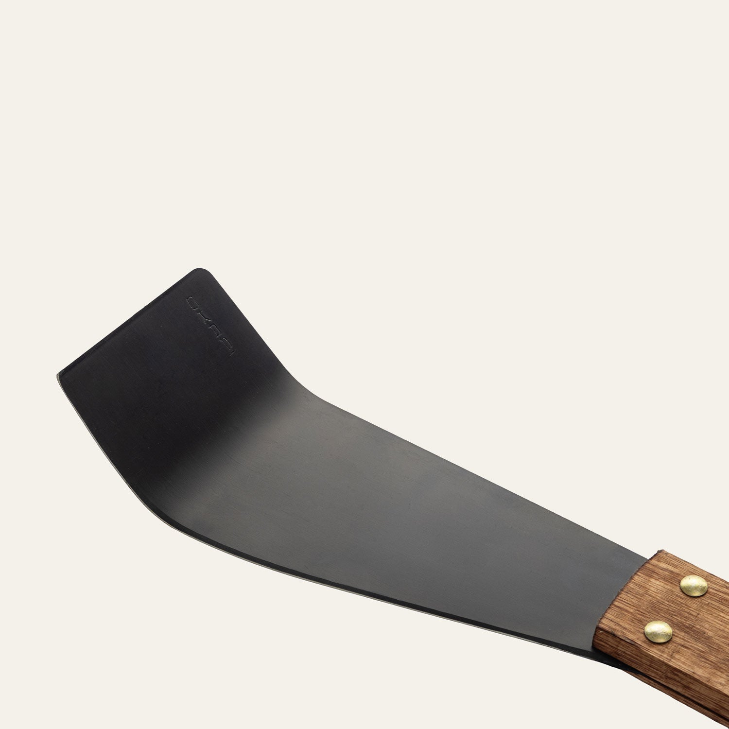 Black Blade view Okapi Cane Knife with long wooden handle on white background