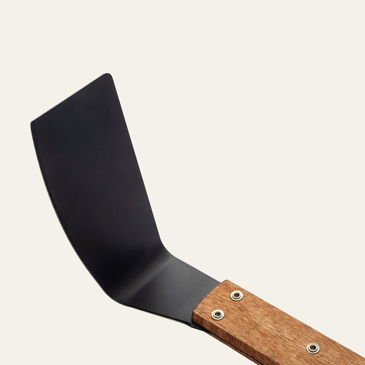 Blade view Okapi Cane Knife with long wooden handle on white background