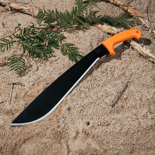 Okapi Jungle Machete with okapi orange handle in the outdoors