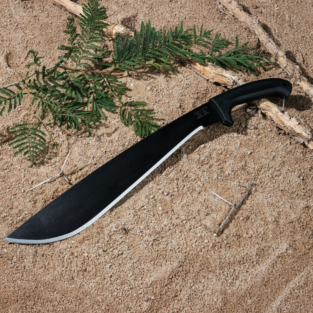 Okapi Jungle Machete with black handle in the outdoors