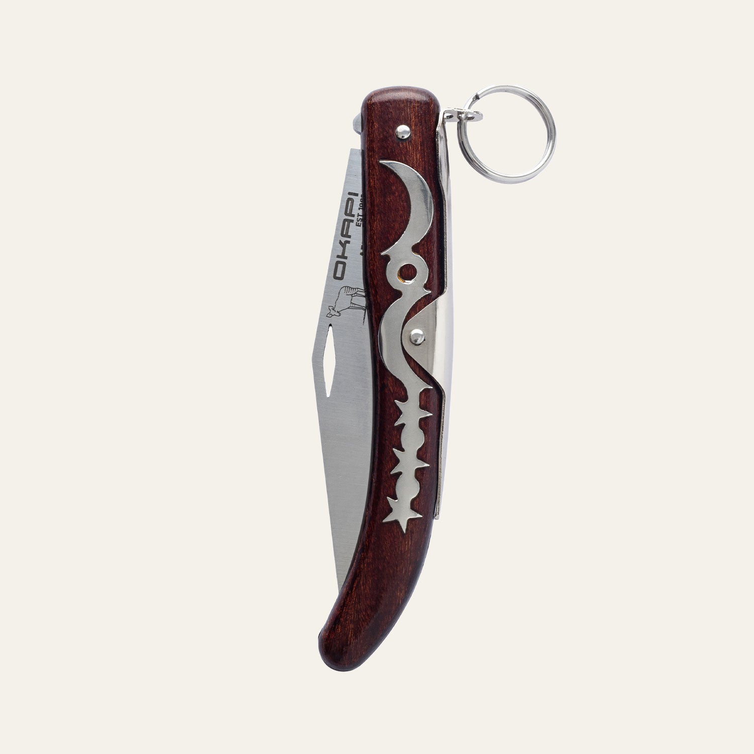 Okapi 907E lock lock knife in closed position with wooden finish