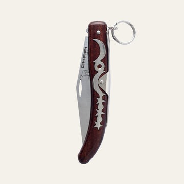 Okapi 907E lock lock knife in closed position with wooden finish