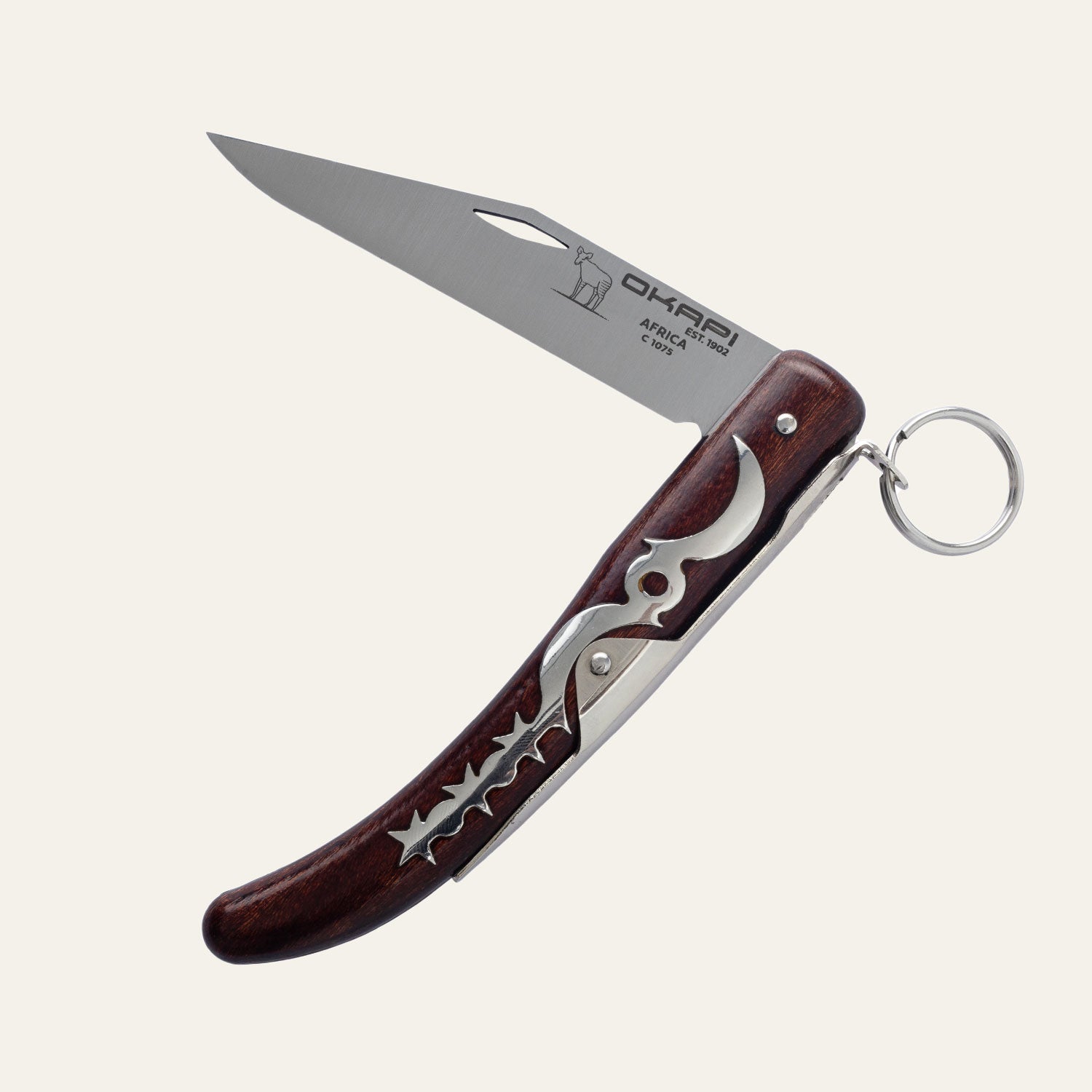 Okapi 907E pocket knife with hardwood handle shown on white background