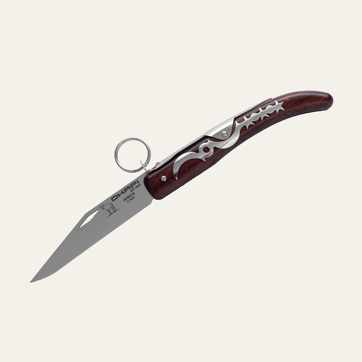 Wooden-handled Okapi 907E lock knife with stainless steel blade, opened