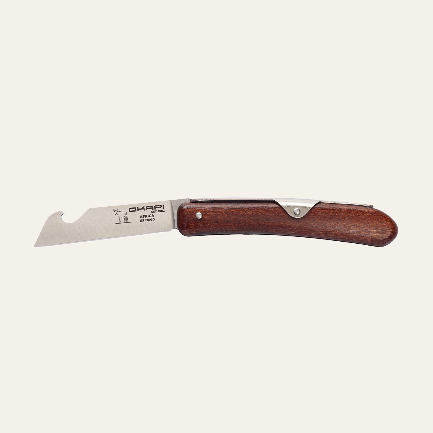 Close-up Okapi Biltong and Beer Knife with wooden handle on a white background