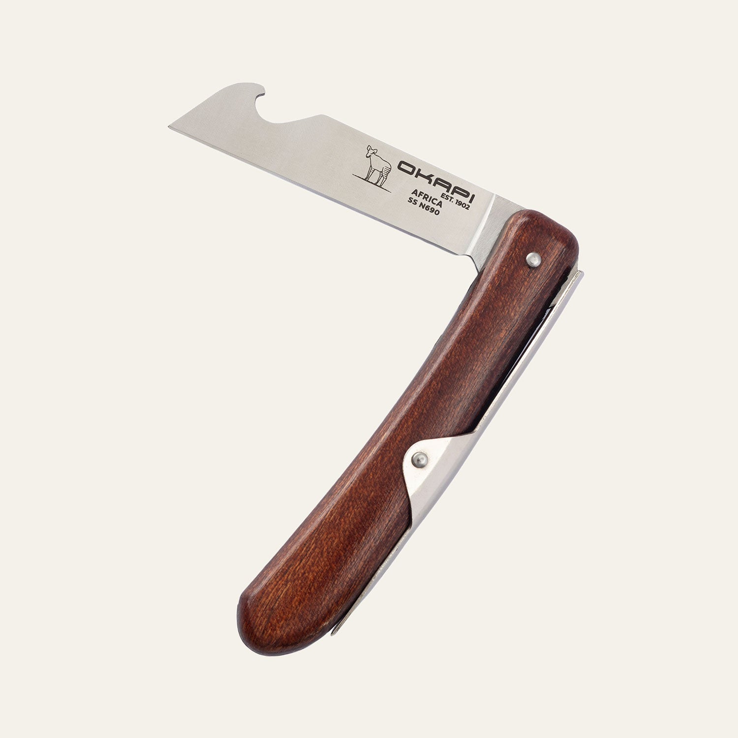 Folded Okapi Biltong and Beer Knife with wooden handle