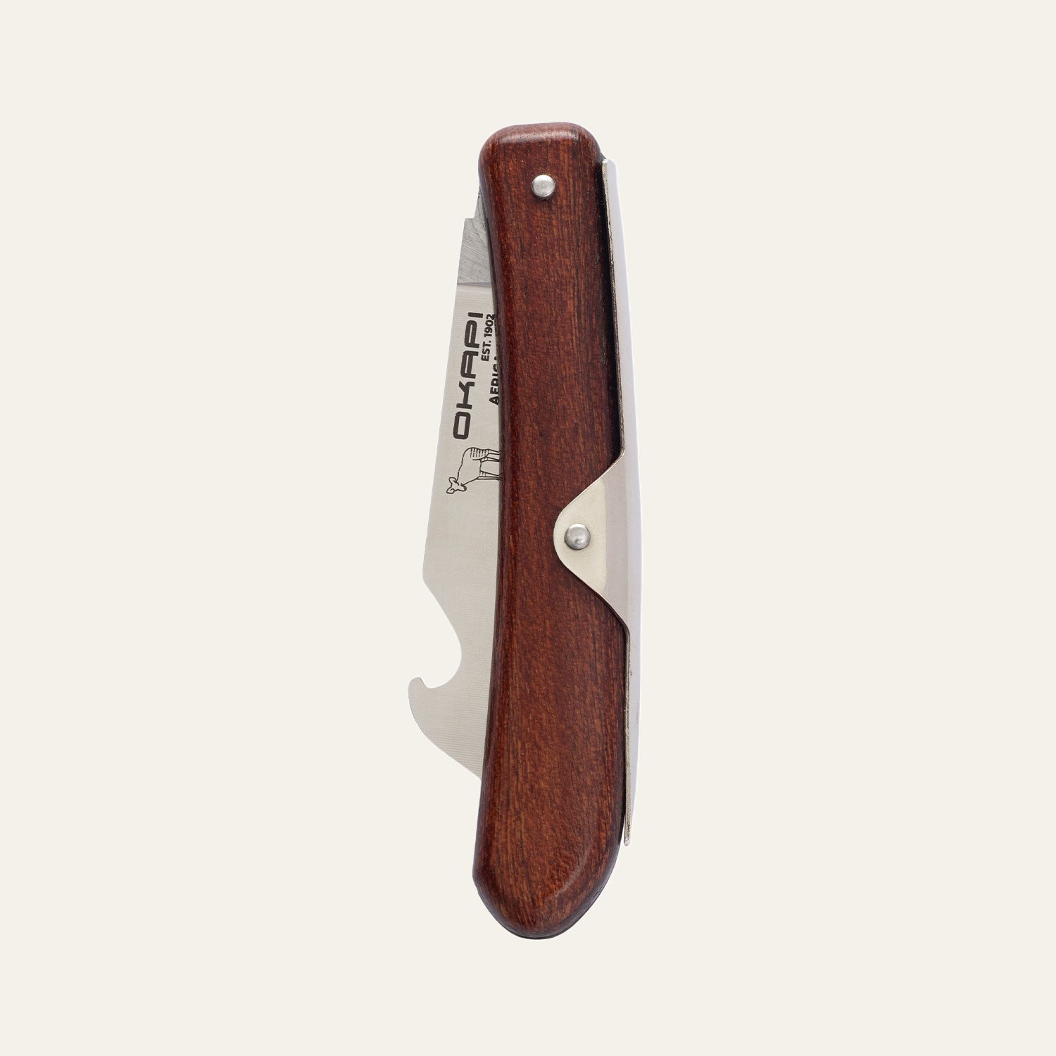 Closed Okapi Biltong and Beer Knife with wooden handle on a white background