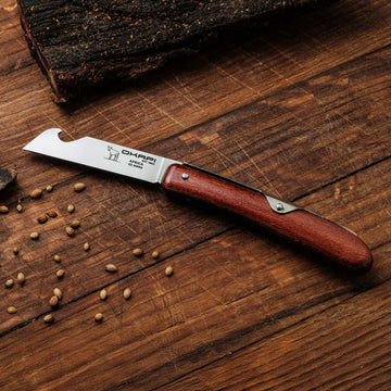 Okapi Biltong Knife with wooden handle with biltong in the background
