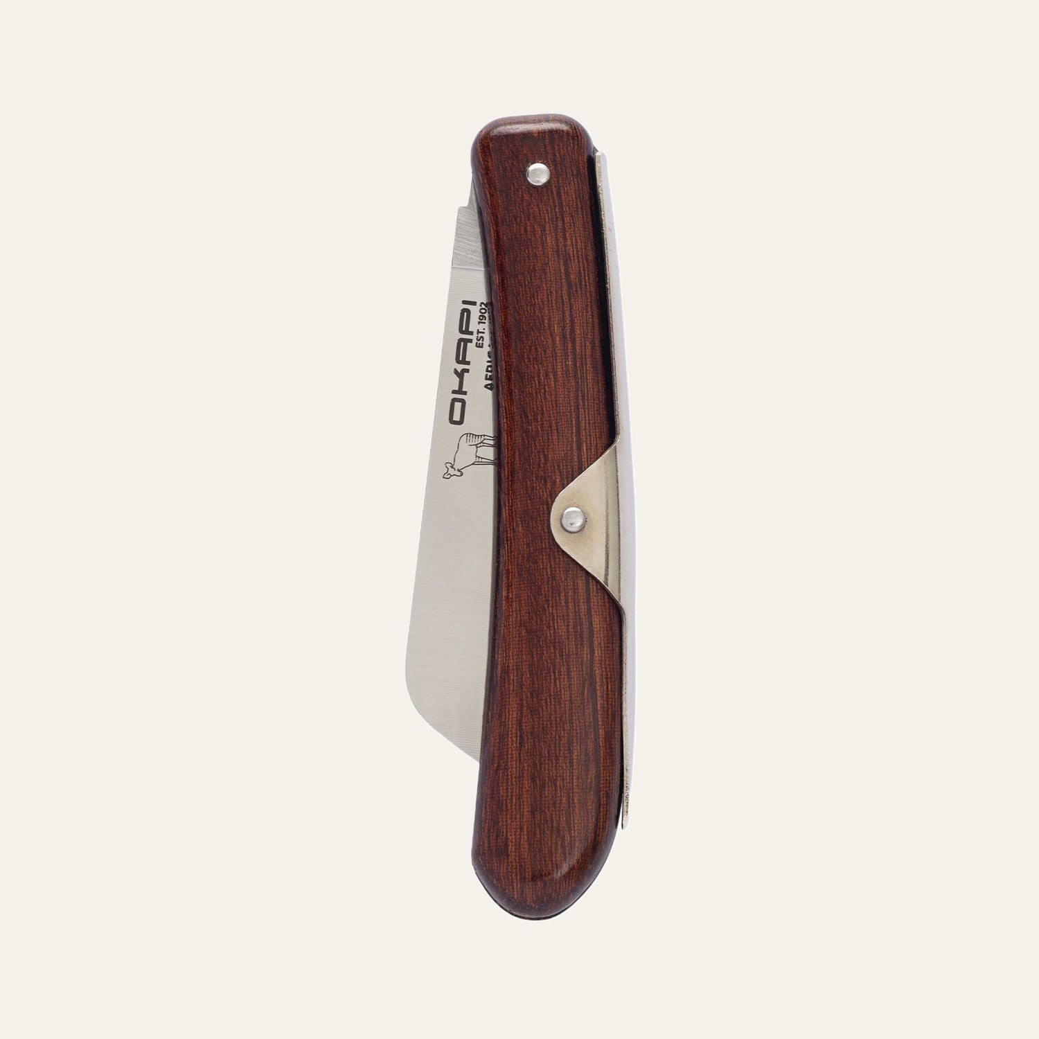 Folded Okapi Biltong Knife with a wooden handle on a white background
