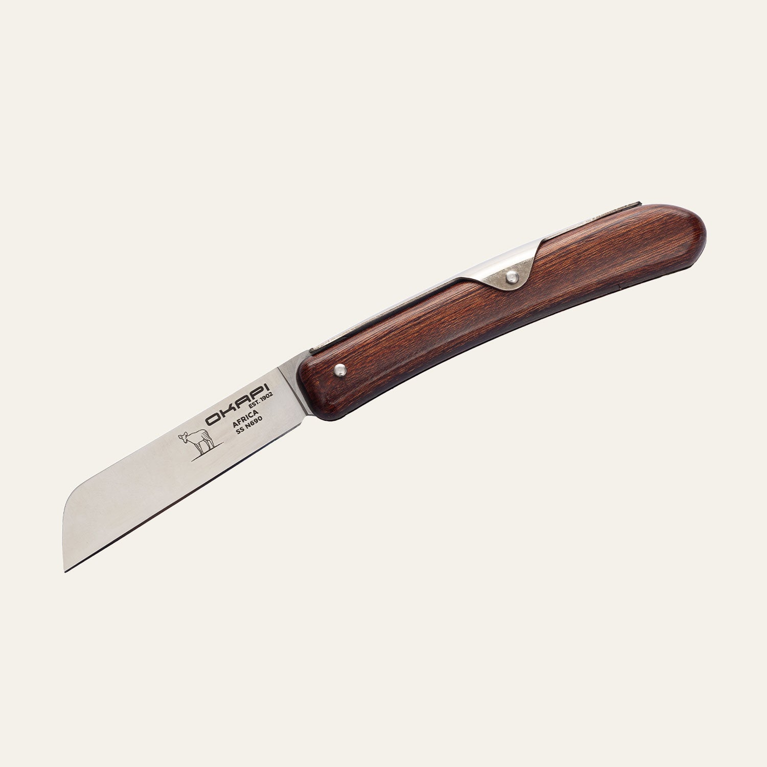 Close-up Okapi Biltong Knife with a wooden handle on a white background