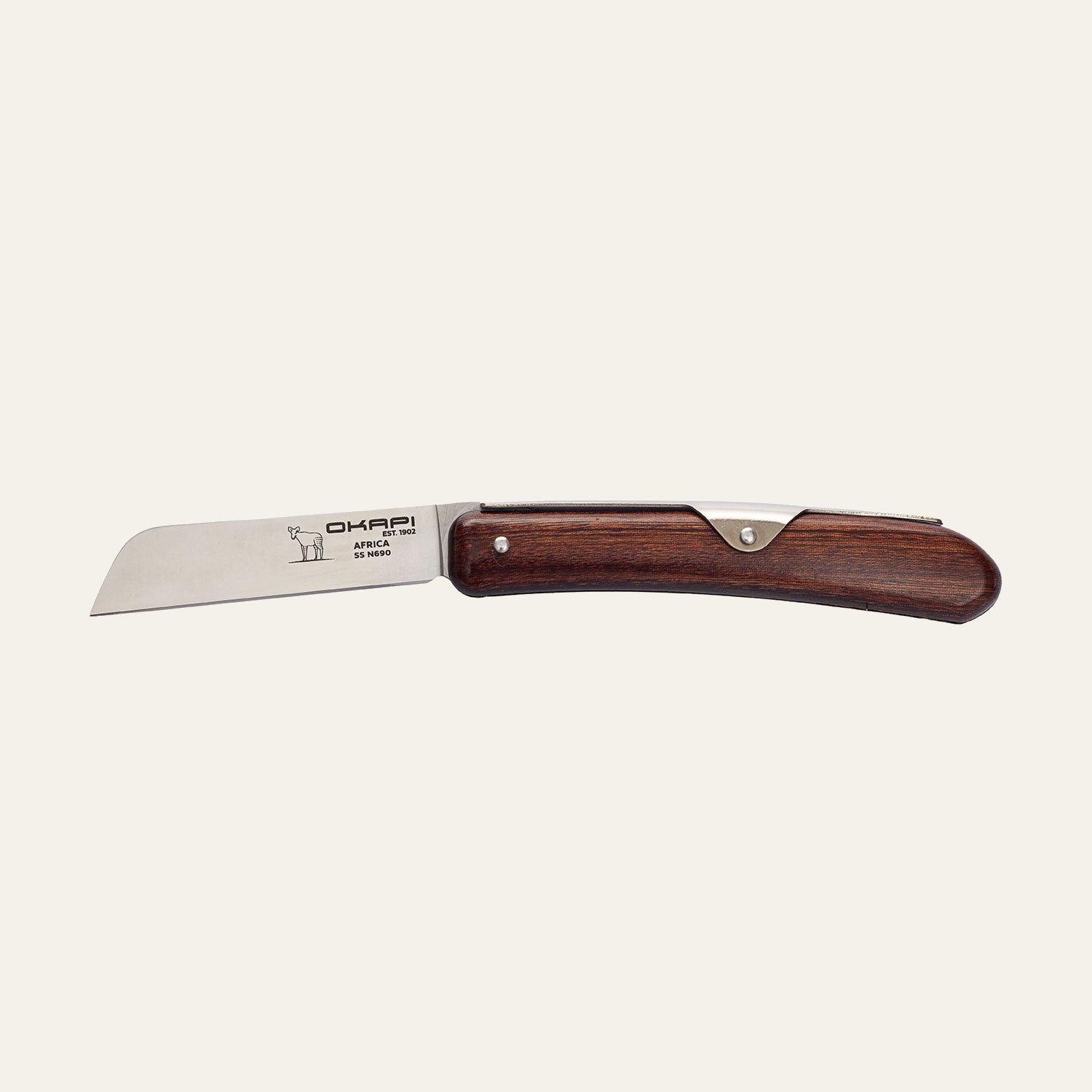 Okapi Biltong Knife with a wooden handle on a white background straight view