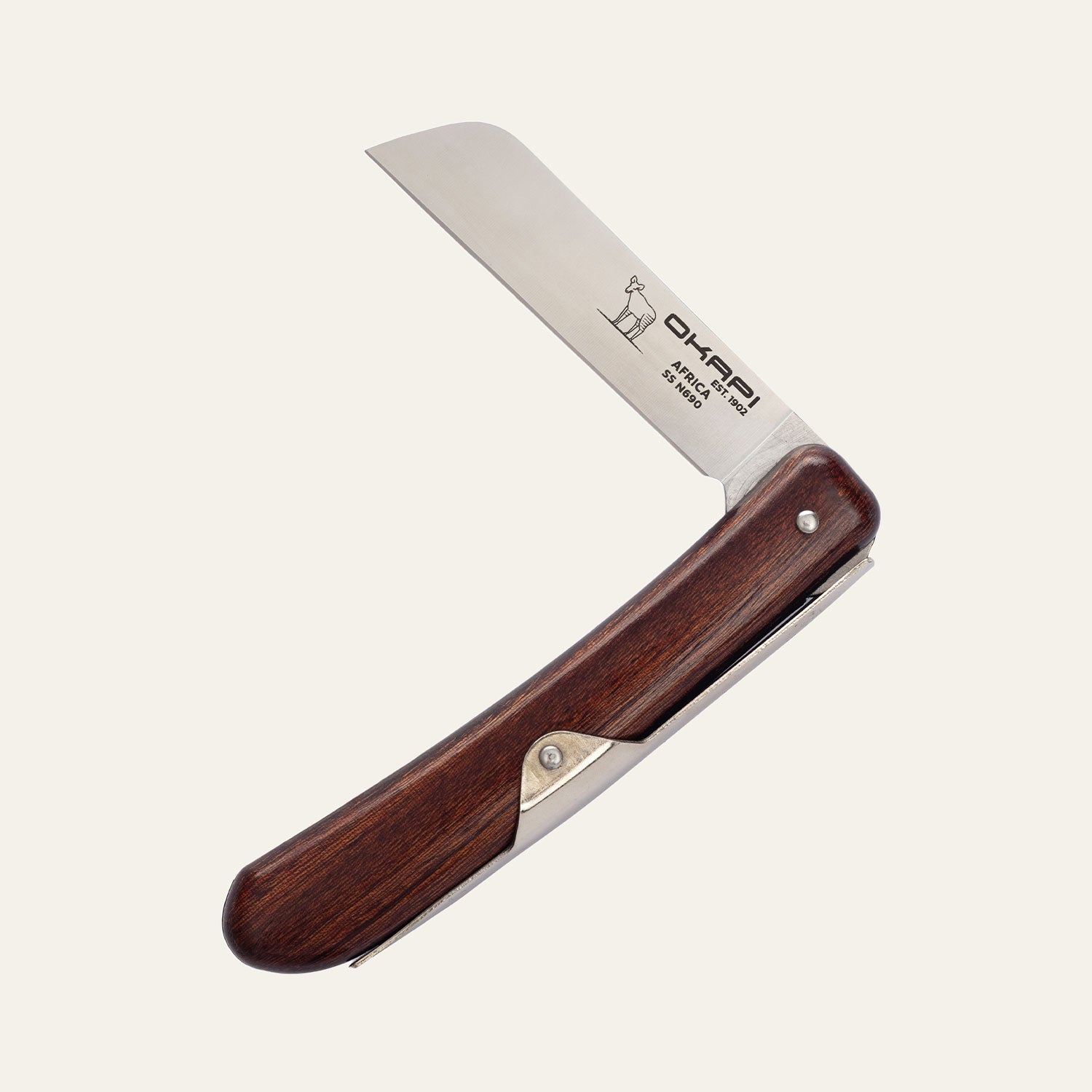 Okapi Biltong Knife opened up on a white background