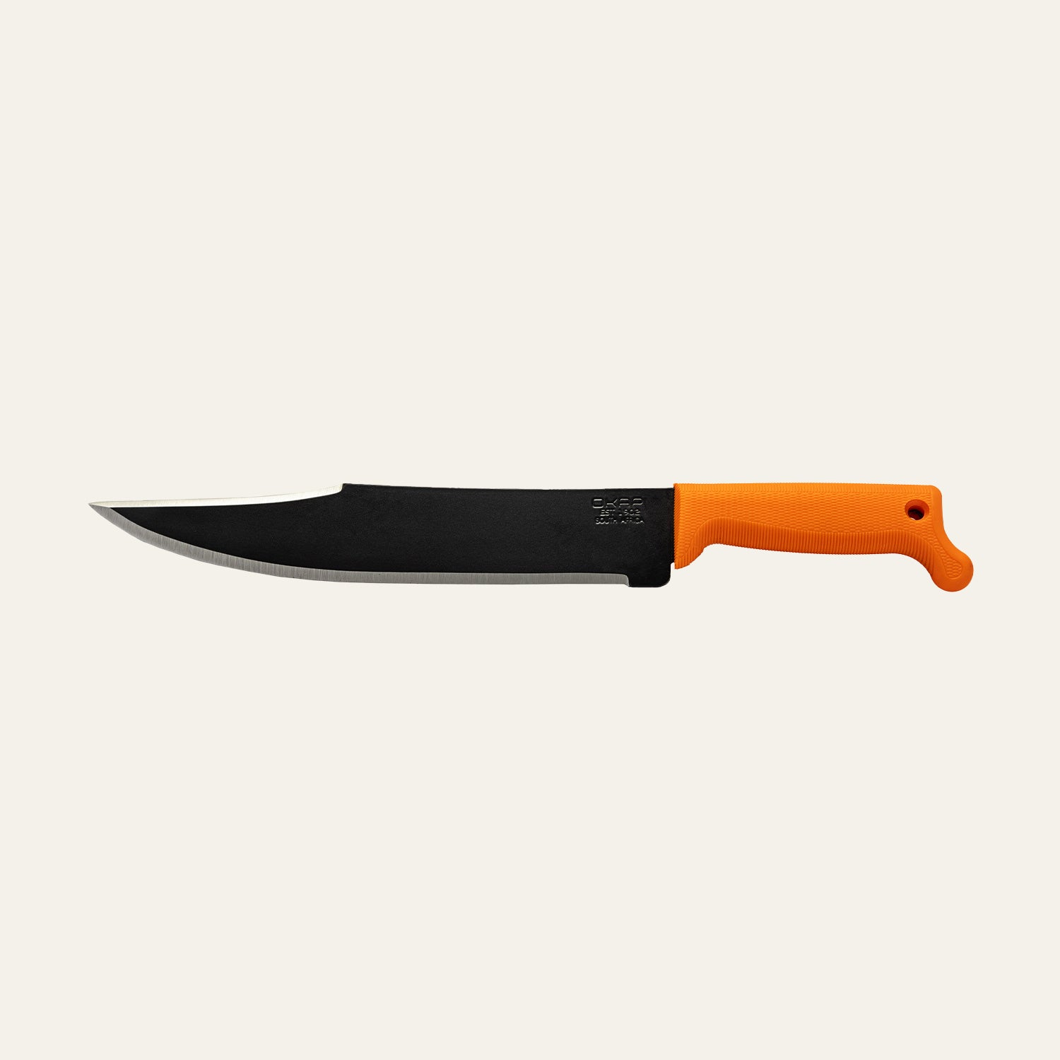 Full view of Okapi Bowie machete with Okapi Orange grip