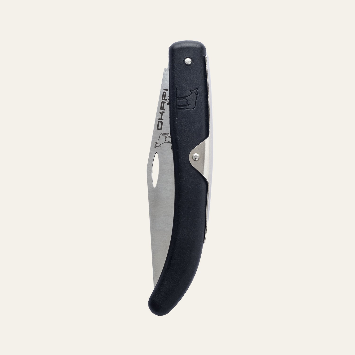 Closed Okapi folding knife with tactical black grip shown on white background