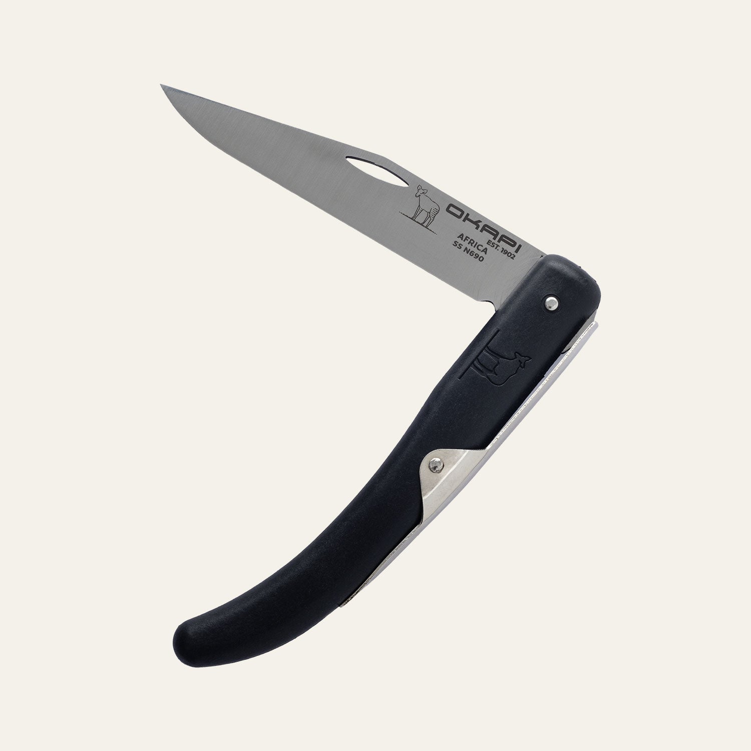 Compact Okapi folding knife with black handle for everyday carry, isolated on white