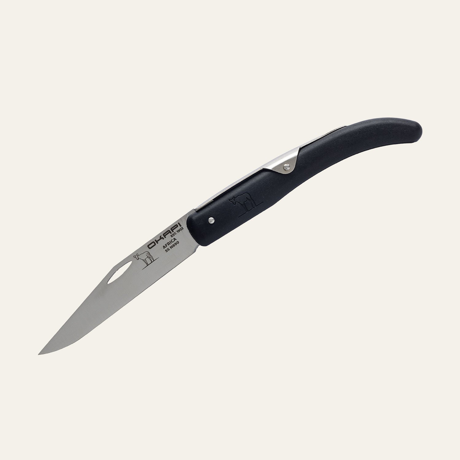Okapi folding pocket knife with sleek black synthetic grip displayed on white surface