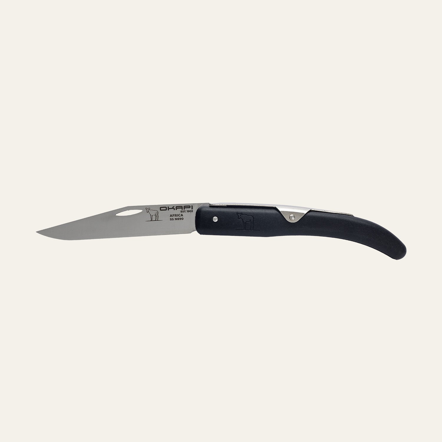 Okapi folding knife with tactical black handle on white background