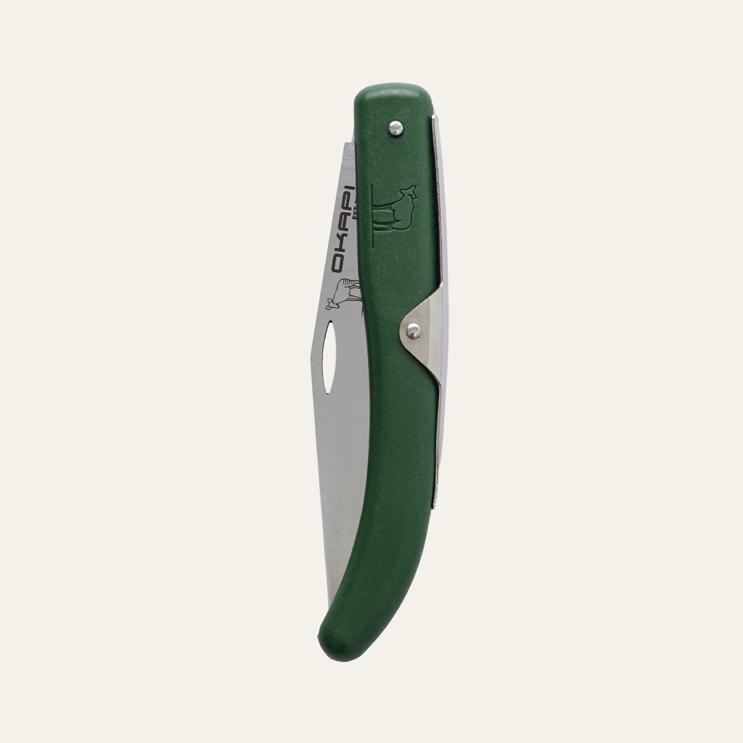 Okapi folding knife featuring forest green handle, shown closed against a clean white surface