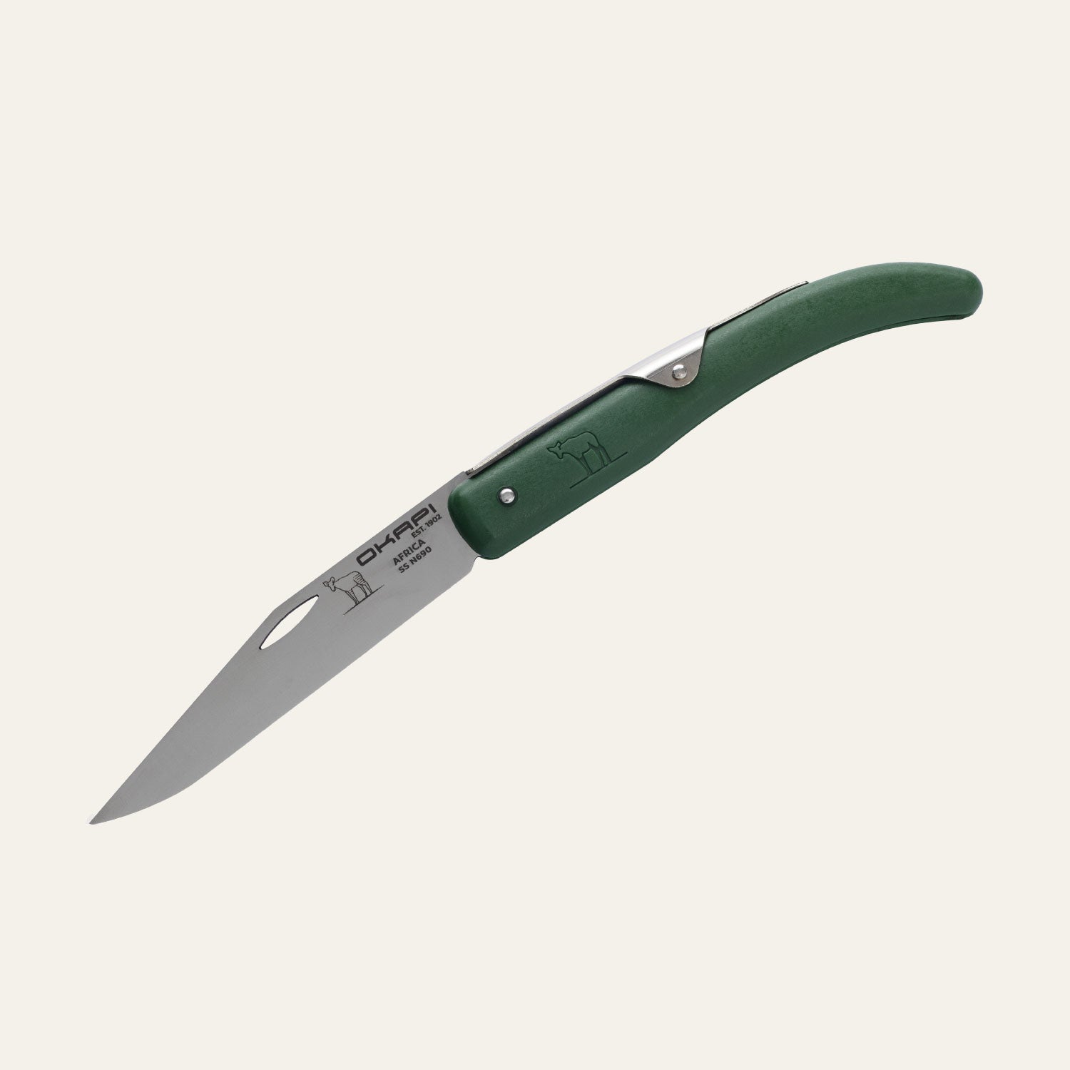 Okapi pocket knife with forest green plastic grip displayed on white surface