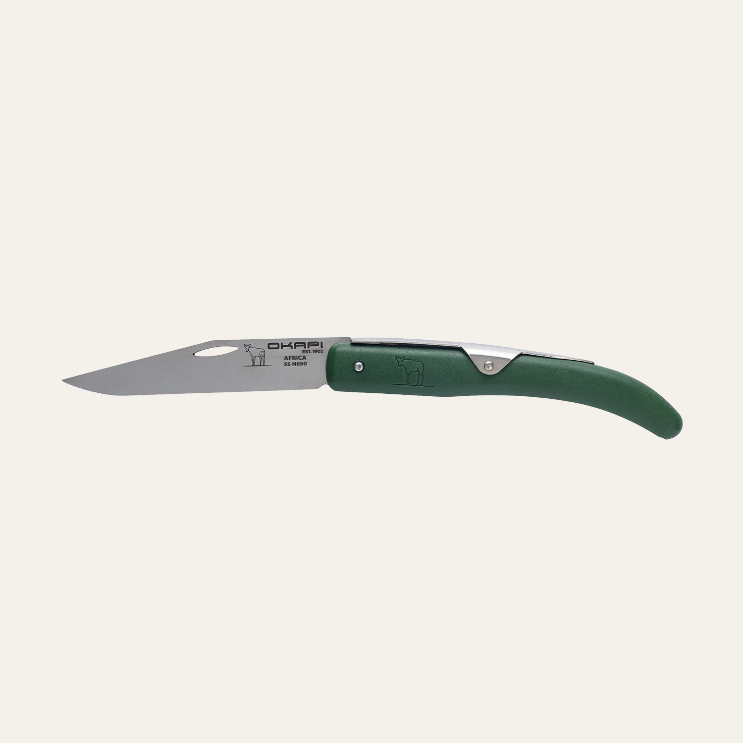 Okapi folding knife with forest green handle on white background