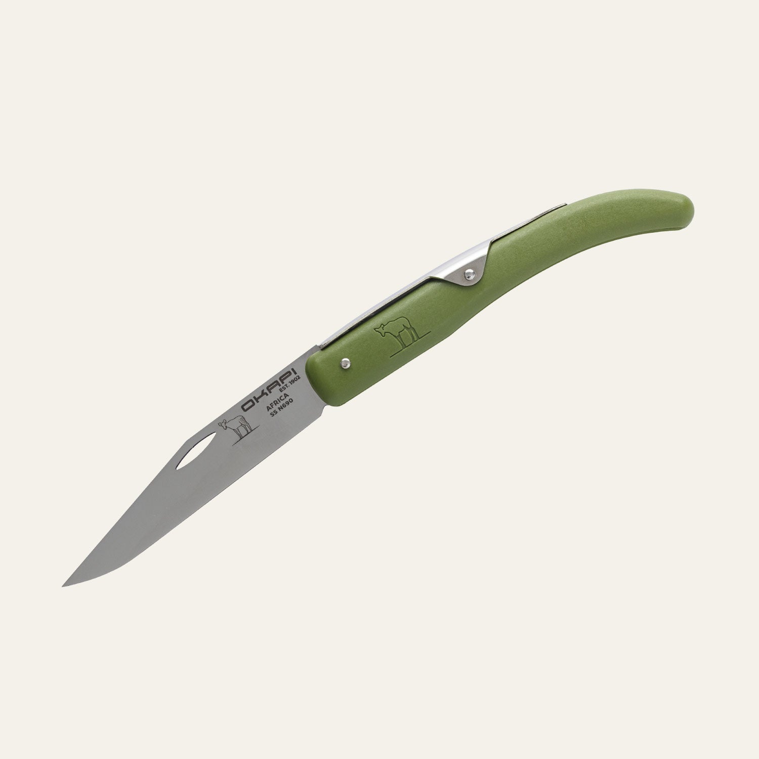 Okapi pocket knife with military-style olive green grip displayed on white surface