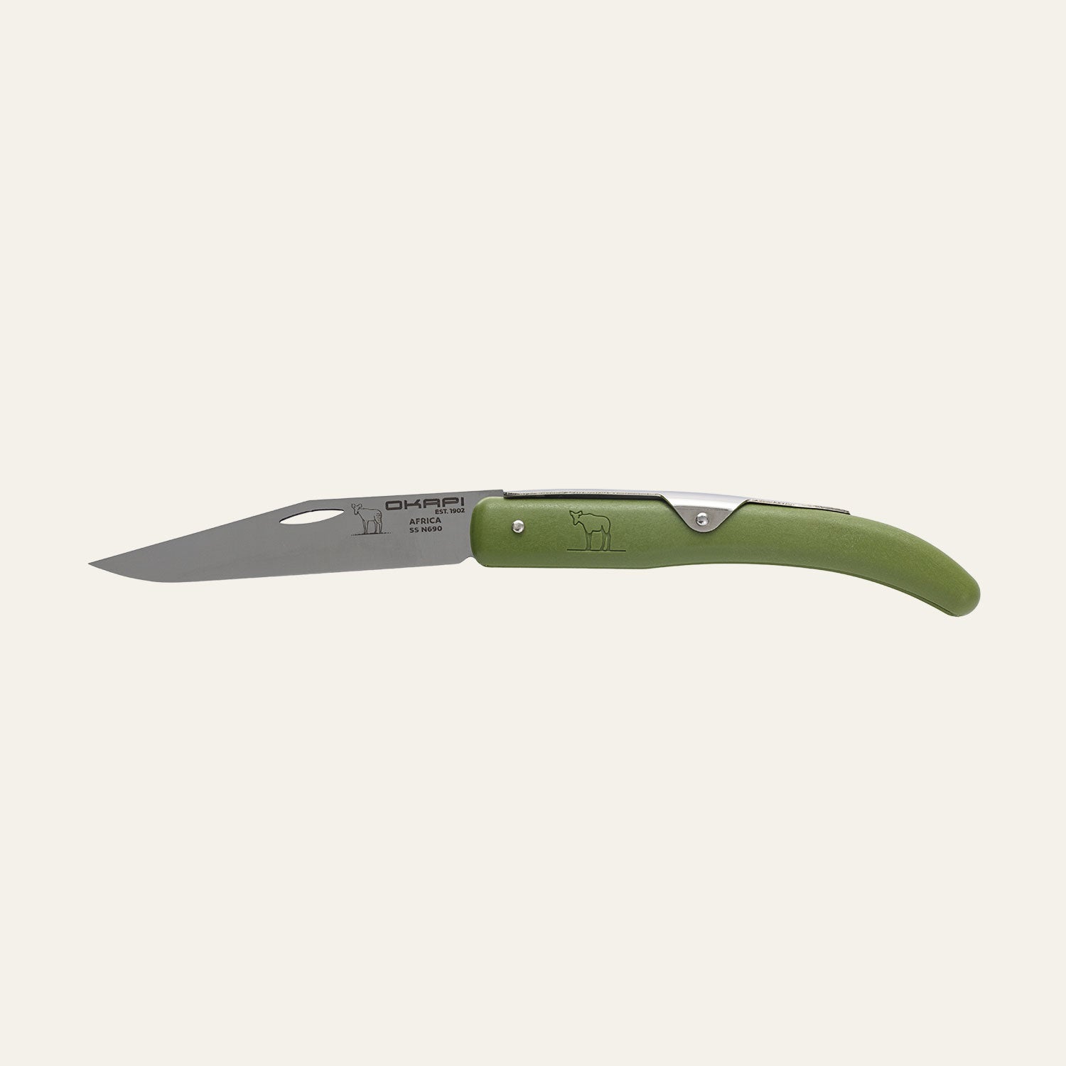 Okapi folding knife with olive green handle on white background