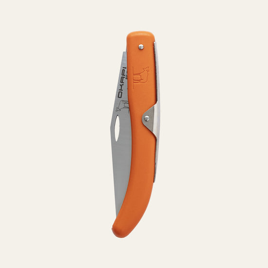 Compact Okapi utility knife with safety-orange grip, shown closed