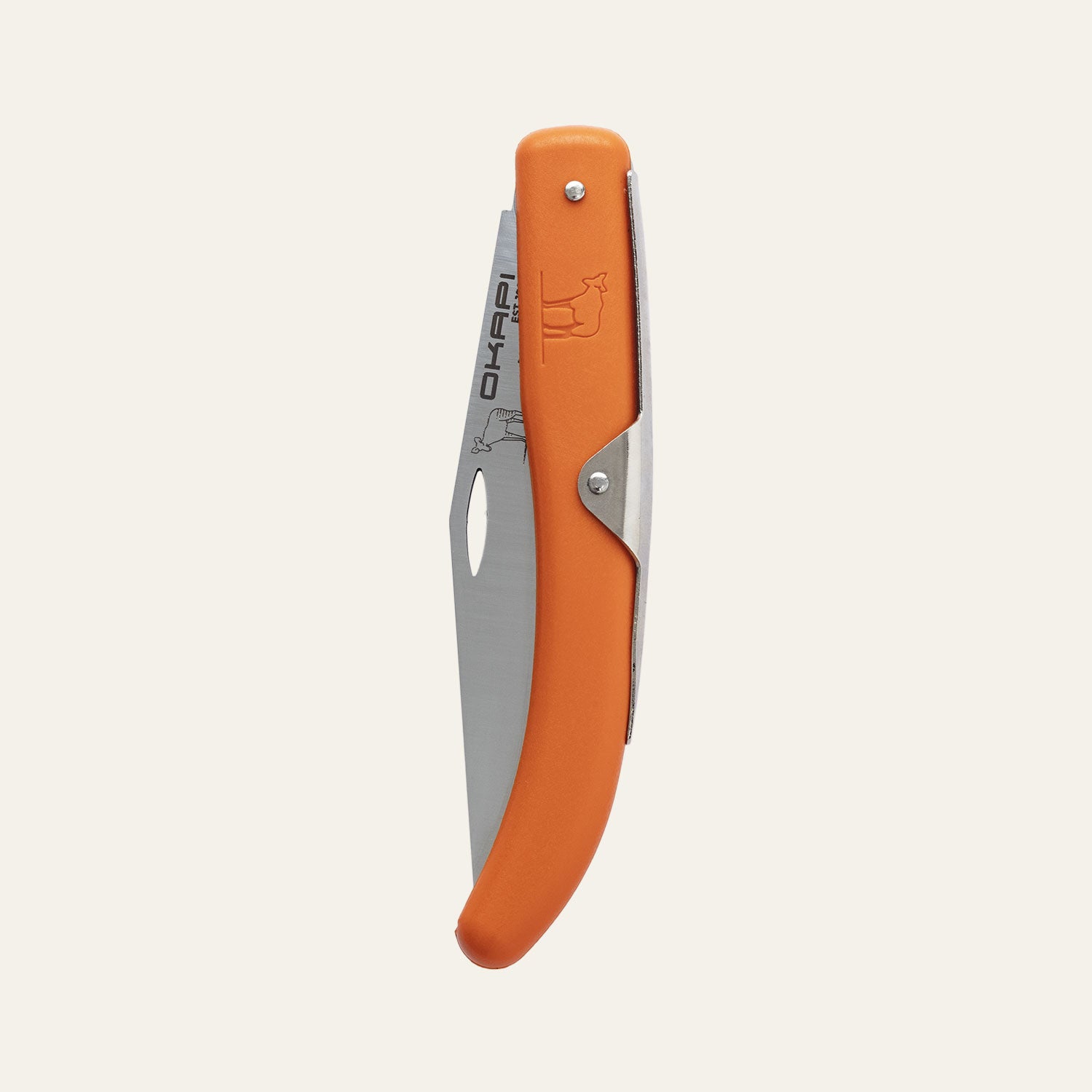 Compact Okapi utility knife with safety-orange grip, shown closed