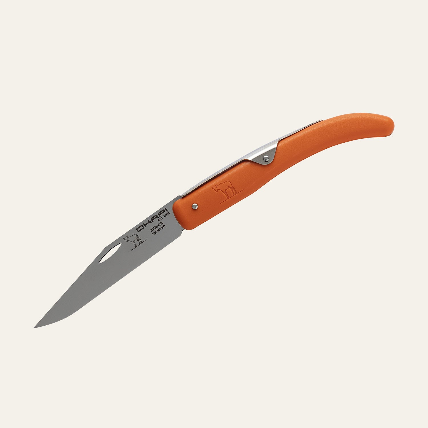 South African Okapi folding knife with Okapi orange synthetic handle on white backdrop