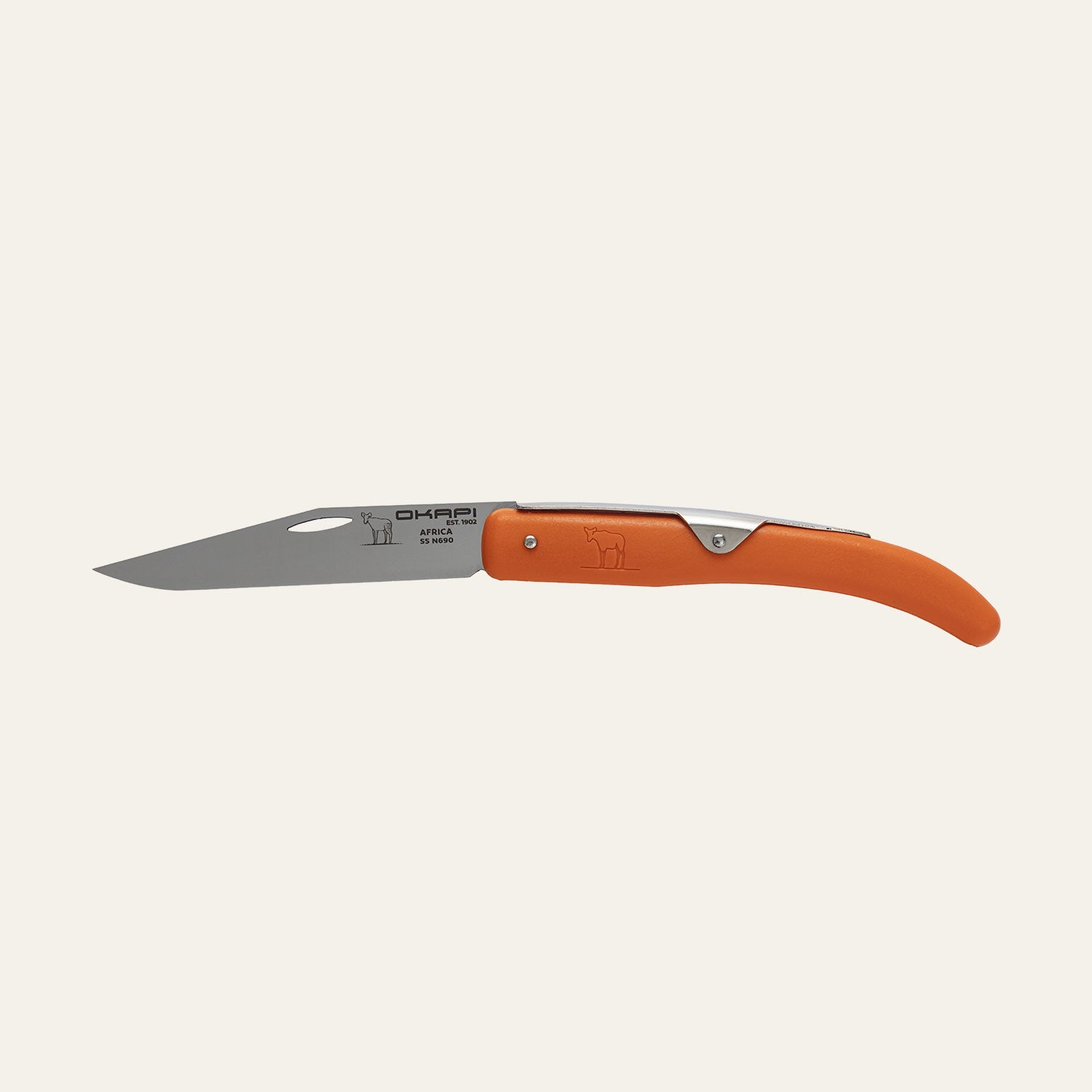 Okapi folding pocket knife with durable Okapi orange handle displayed on white surface