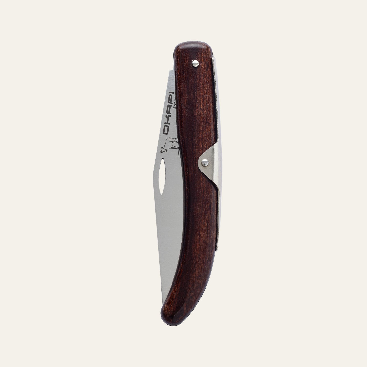Closed Okapi folding utility knife with ergonomic wooden grip on plain white surface