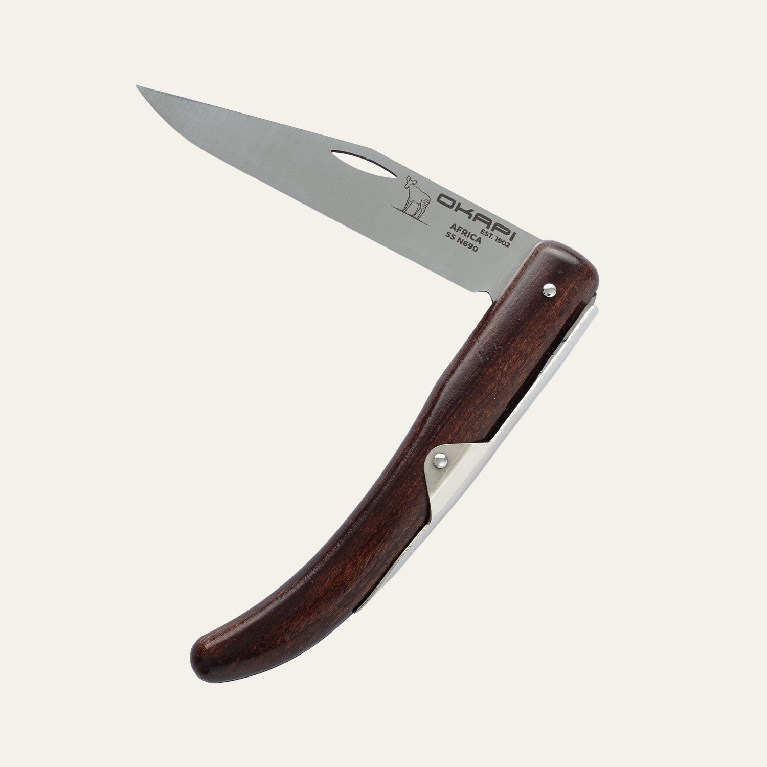 Heritage-style Okapi folding knife featuring wooden handle, isolated