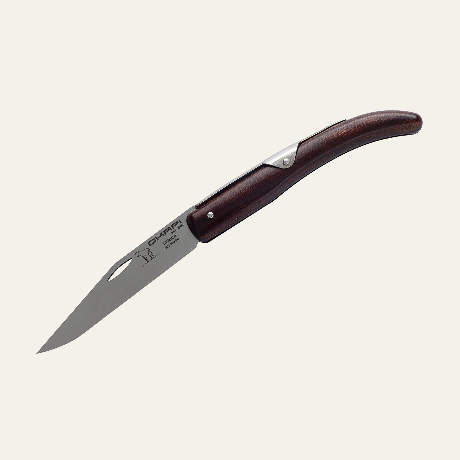 Opened Okapi knife with curved wooden grip and steel frame on white