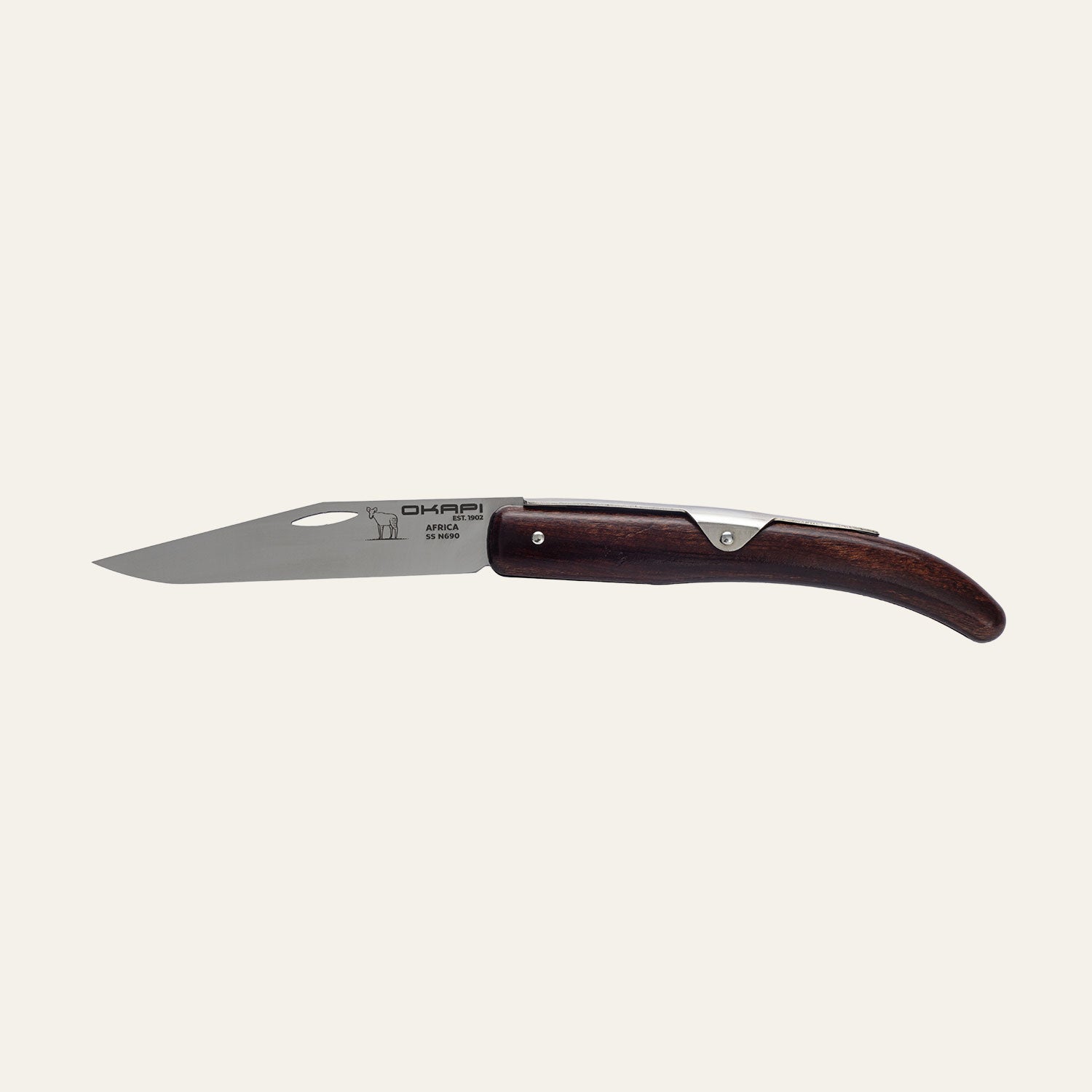 Opened Okapi folding knife featuring polished wood handle, isolated on white