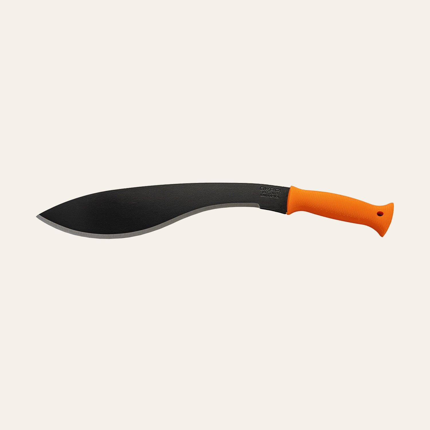 Okapi Kukri machete with Okapi Orange tactical handle displayed on white background
