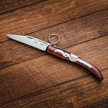 Opened Okapi Lock Knife with wooden handle and ring