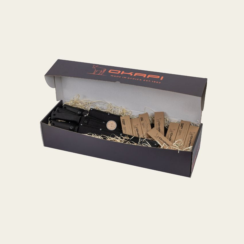Okapi Full Range Knife Box β curated set of heritage folding knives and machetes in sleek black packaging