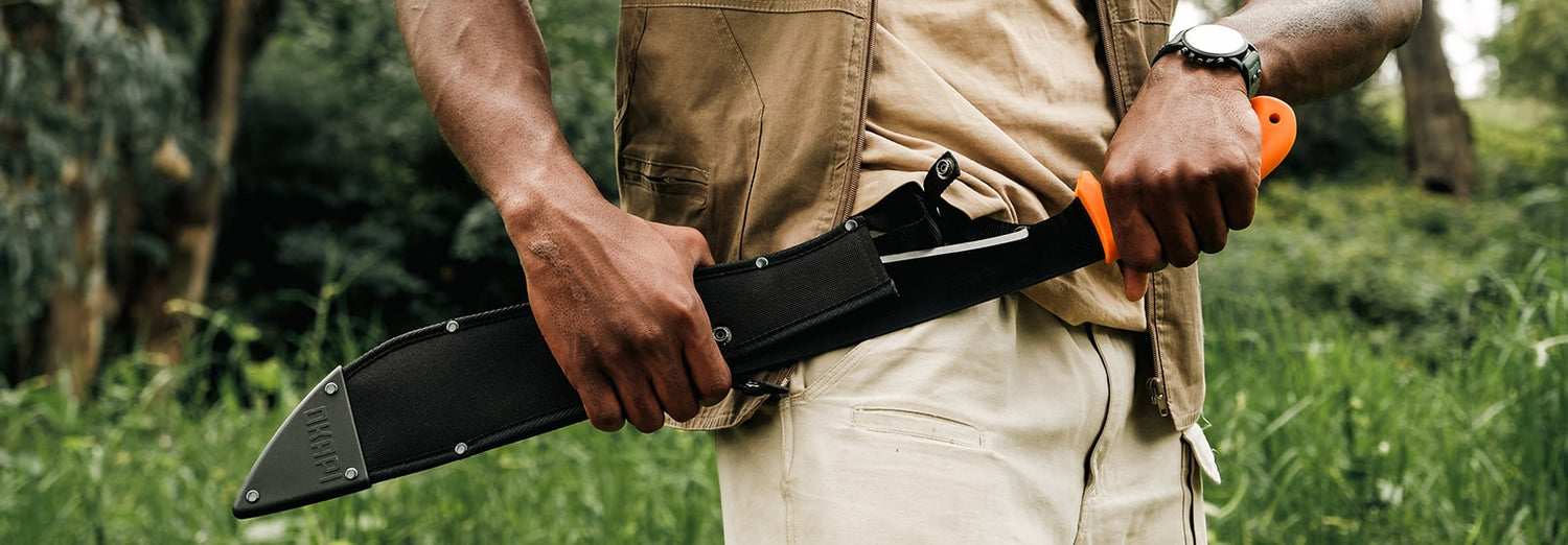 Okapi Jungle Machete with orange handle and protective knife sheath