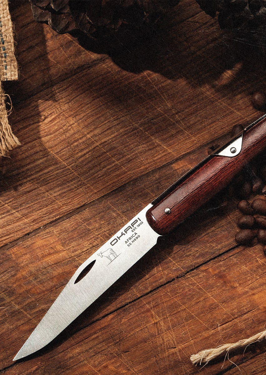Vertical view of Okapi Folding Knife with wooden handle