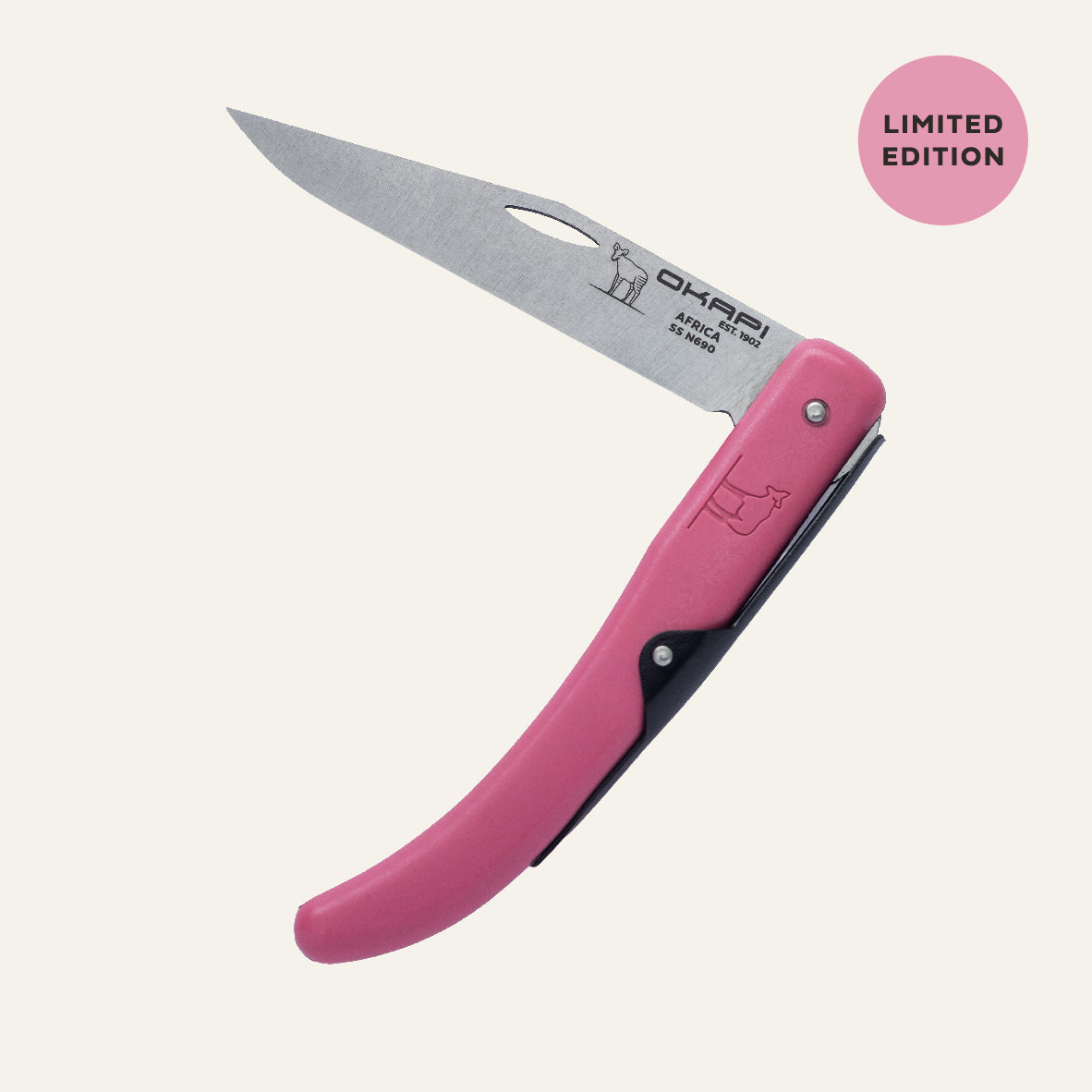 South Africa Okapi Folding Knife Limited Edition Pink Black Spring Design - opened