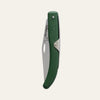 Okapi folding knife featuring forest green handle, shown closed against a clean white surface