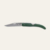 Okapi folding knife with forest green handle on white background