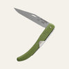 Okapi folding knife with matte olive green handle against plain white backdrop