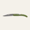 Okapi folding knife with olive green handle on white background