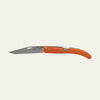 Okapi folding pocket knife with durable Okapi orange handle displayed on white surface