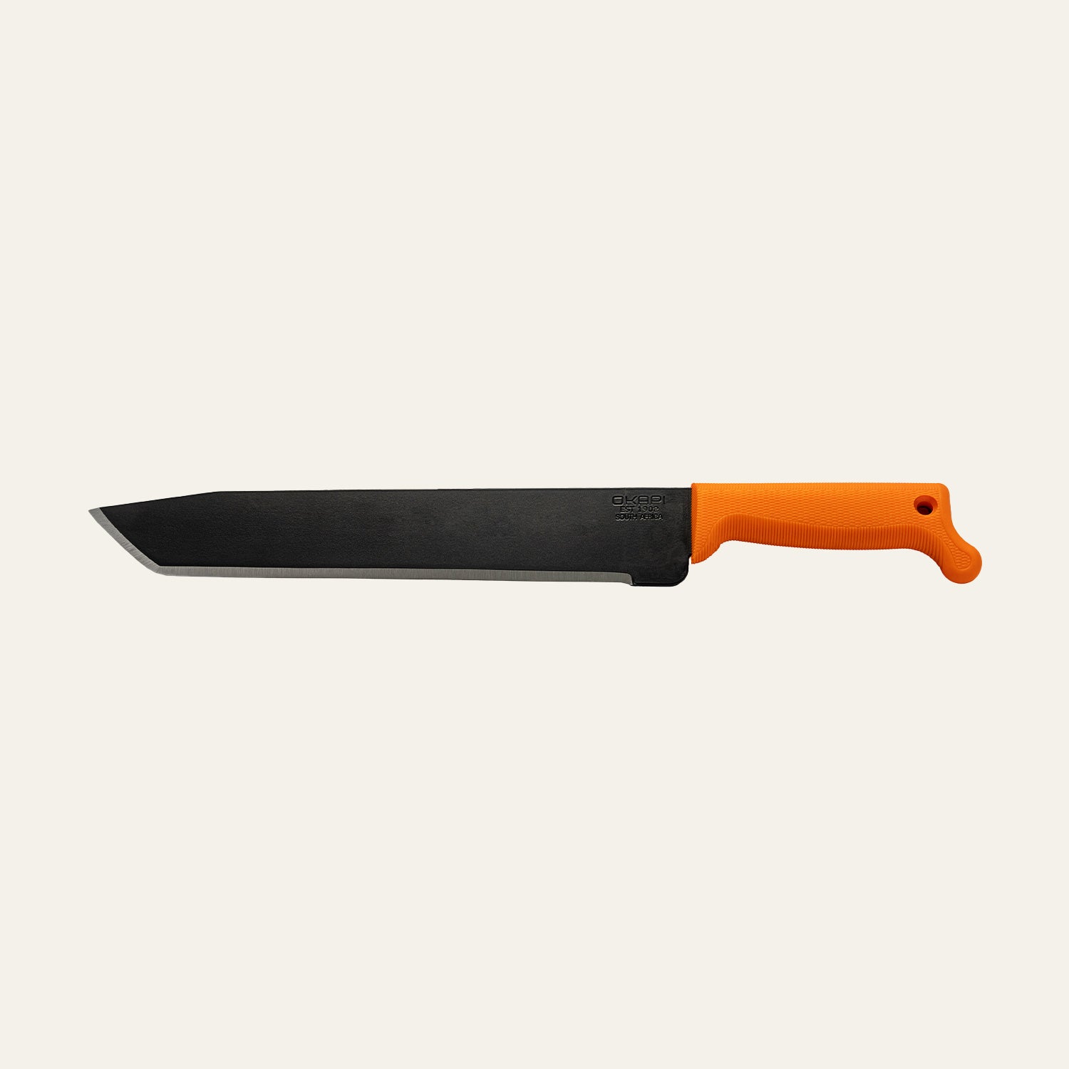 Okapi O-Tanto machete featuring straight tanto-style blade and Okapi Orange handle