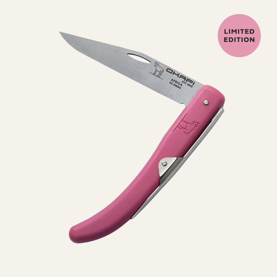 South Africa Okapi Folding Knife in Limited Edition Pink Silver Spring - opened